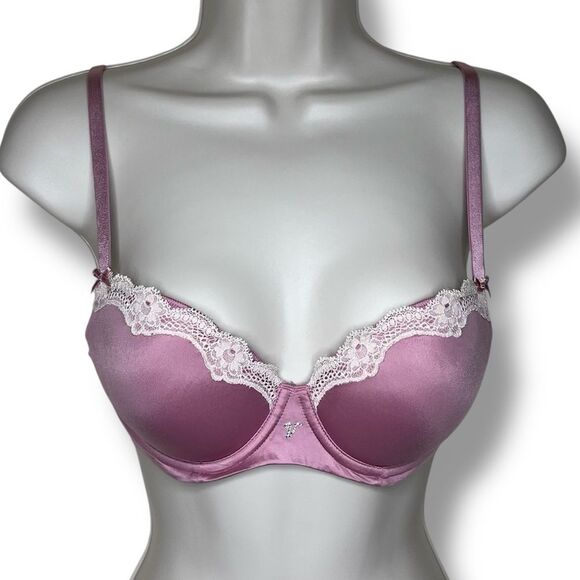 Victorias Secret Dream Angels Lined Demi Bra Pink Lace Rhinestone Women Size 34C - Picture 1 of 16